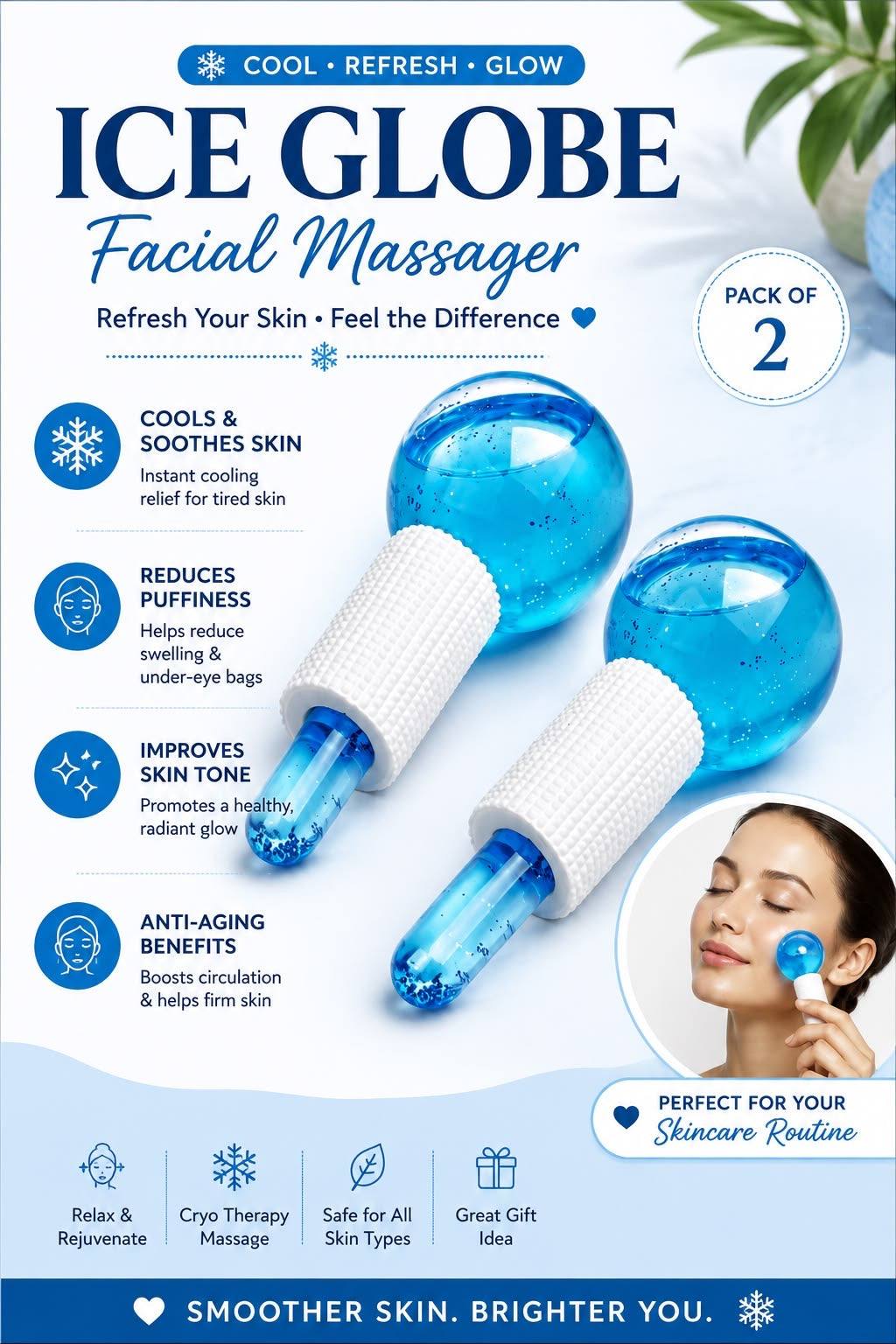 2pcs Crystal Ice Globes - De-Puff & Glow Facial Massager - For Pores & Dark Circles