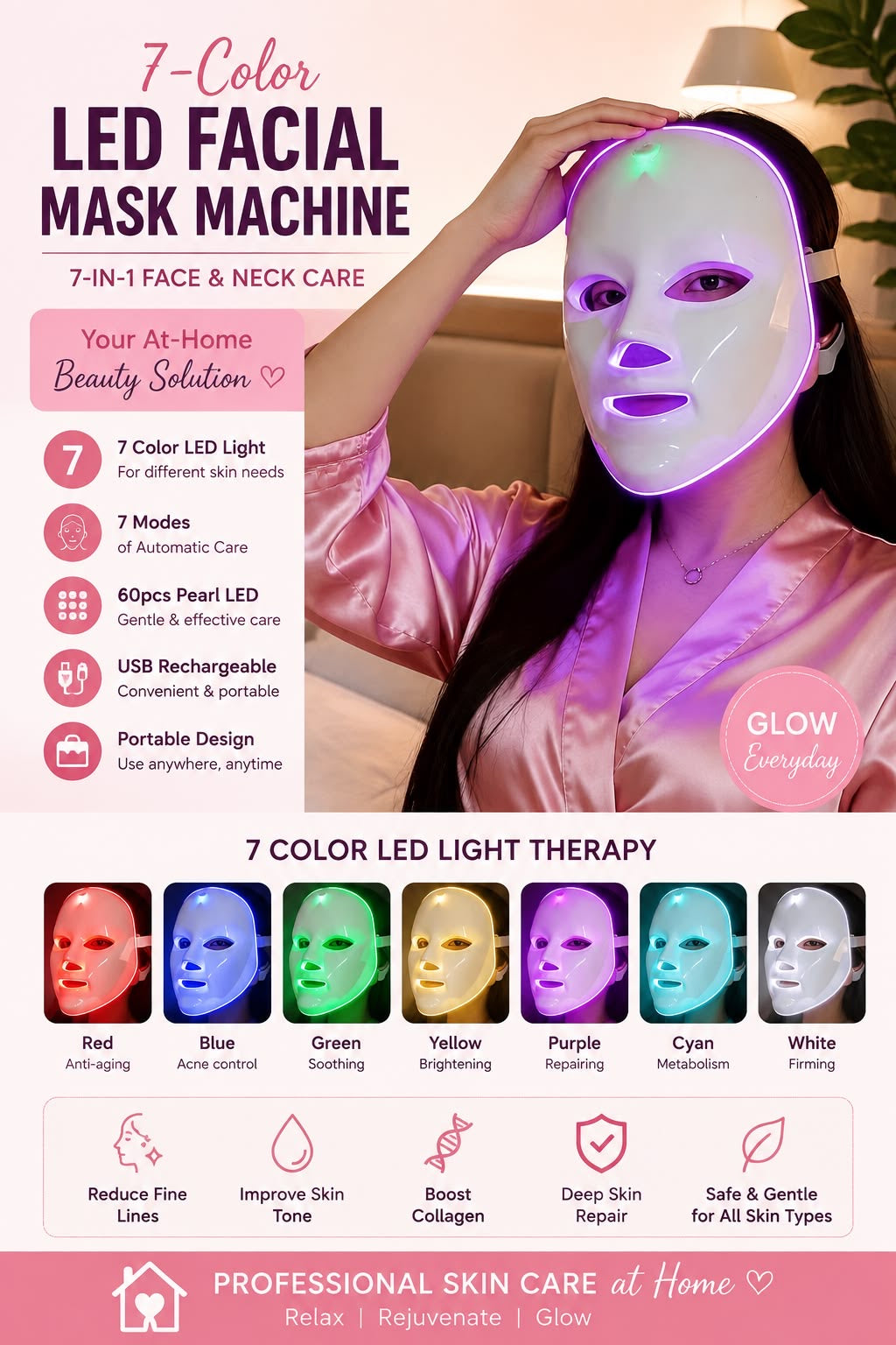 7-Color LED Light Therapy Mask - For Acne, Dark Spots & Anti-Aging - Spa At Home